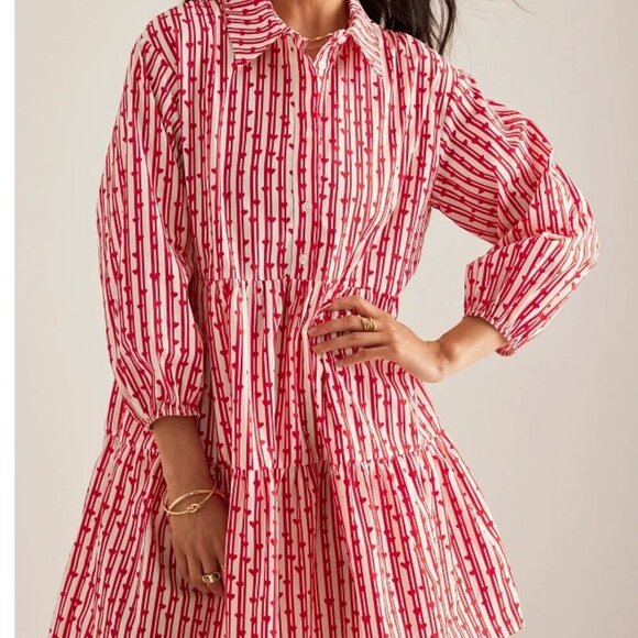 Anthropologie Dresses & Skirts - MAEVE The Bettina Tiered Mini Shirt Dress Women's Sz XXS Red Striped heart print